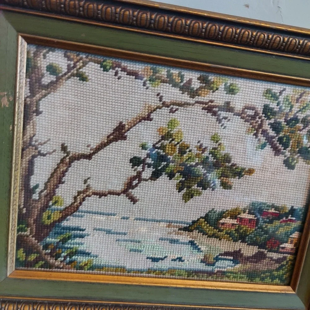 Vintage Needlepoint Coastal Landscape Framed Wall Art 12x15 Green Gold Frame